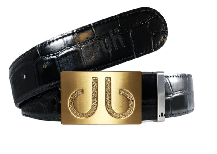Black Crocodile / Gold Embossed Leather Belt | Gold Designer Buckle Druh Belts USA