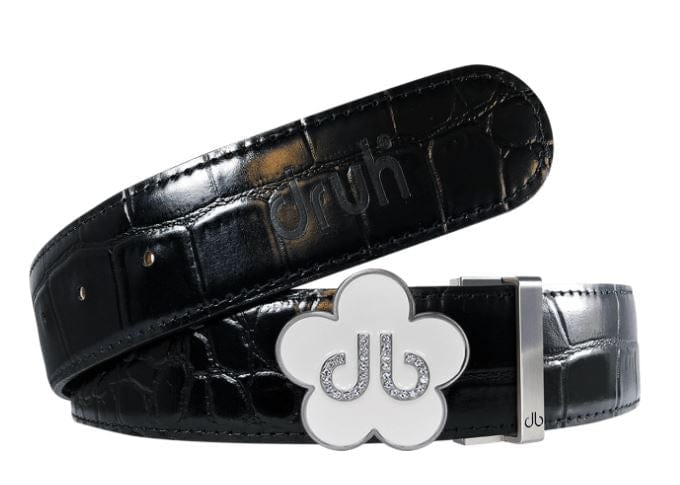Black Crocodile / White Leather Belt | Flower Buckle Druh Belts USA
