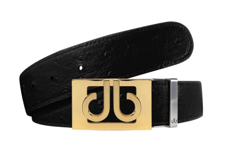 Black Ostrich / Gold Embossed Leather Belt | Gold Designer Buckle Druh Belts USA