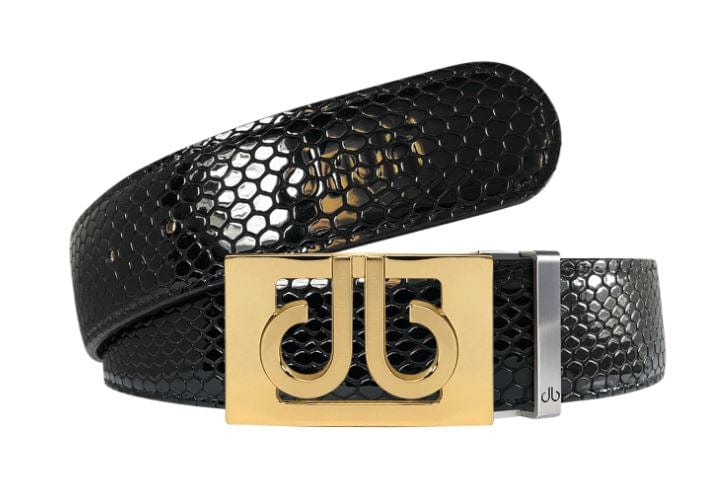 Black Snakeskin / Gold See-Thru Leather Belt | Gold Designer Buckle Druh Belts USA