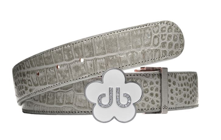 Grey Crocodile / White Leather Belt | Flower Buckle Druh Belts USA