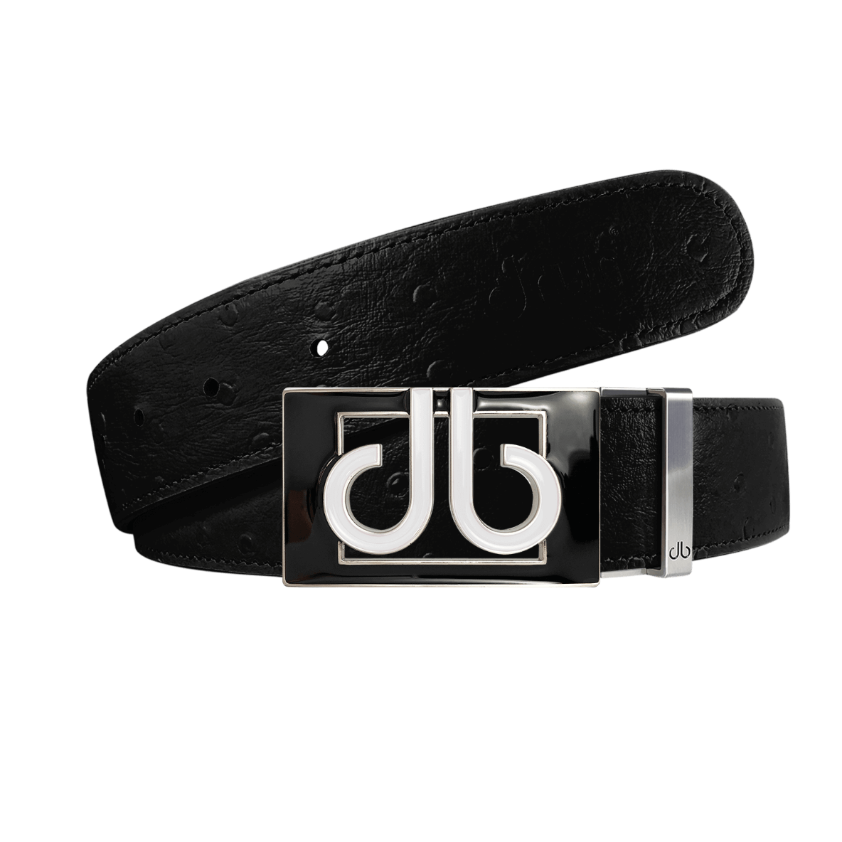 Black ostrich leather strap with db Colour thru black and white buckle