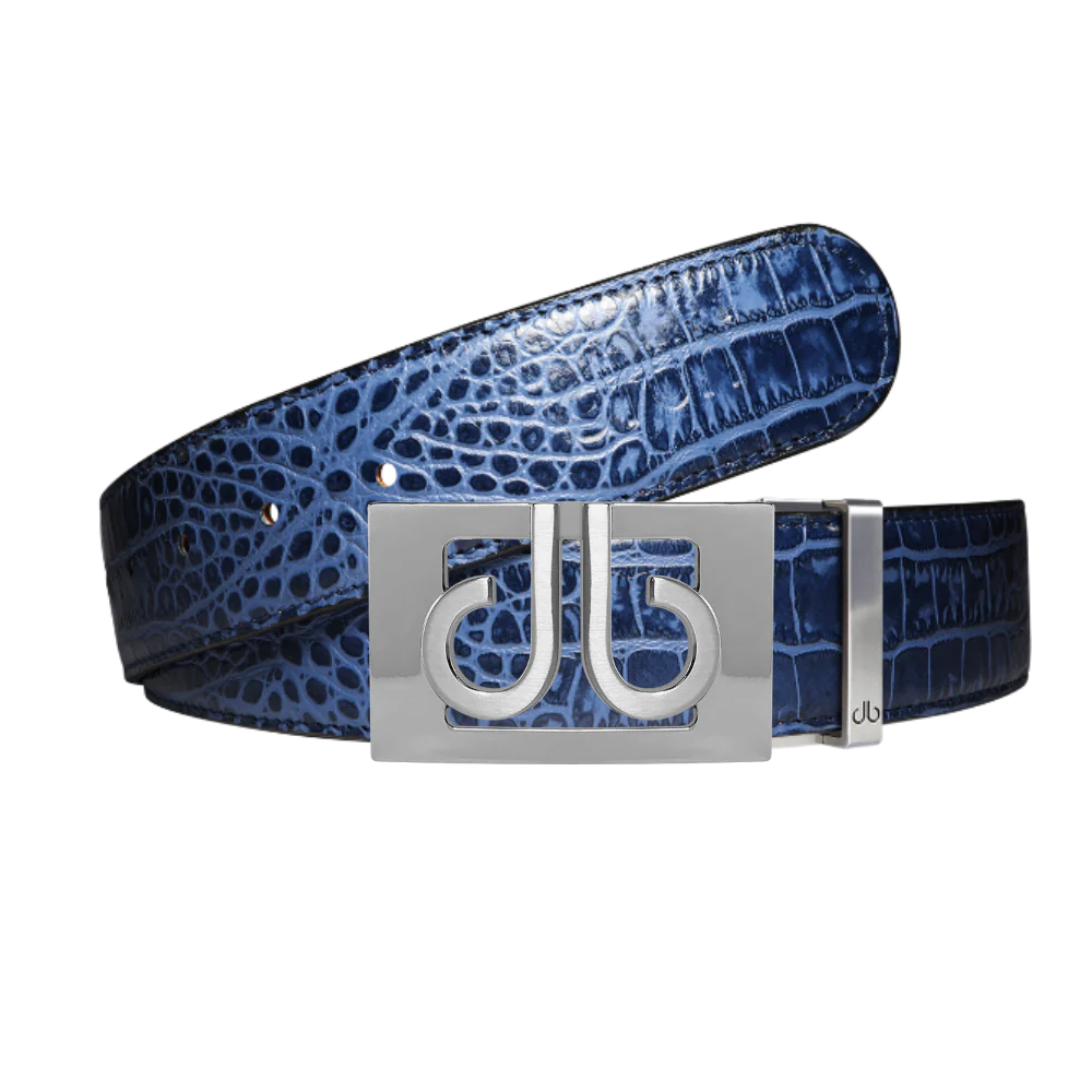 Blue Crocodile Patterned Leather Belt with Classic Thru Buckle