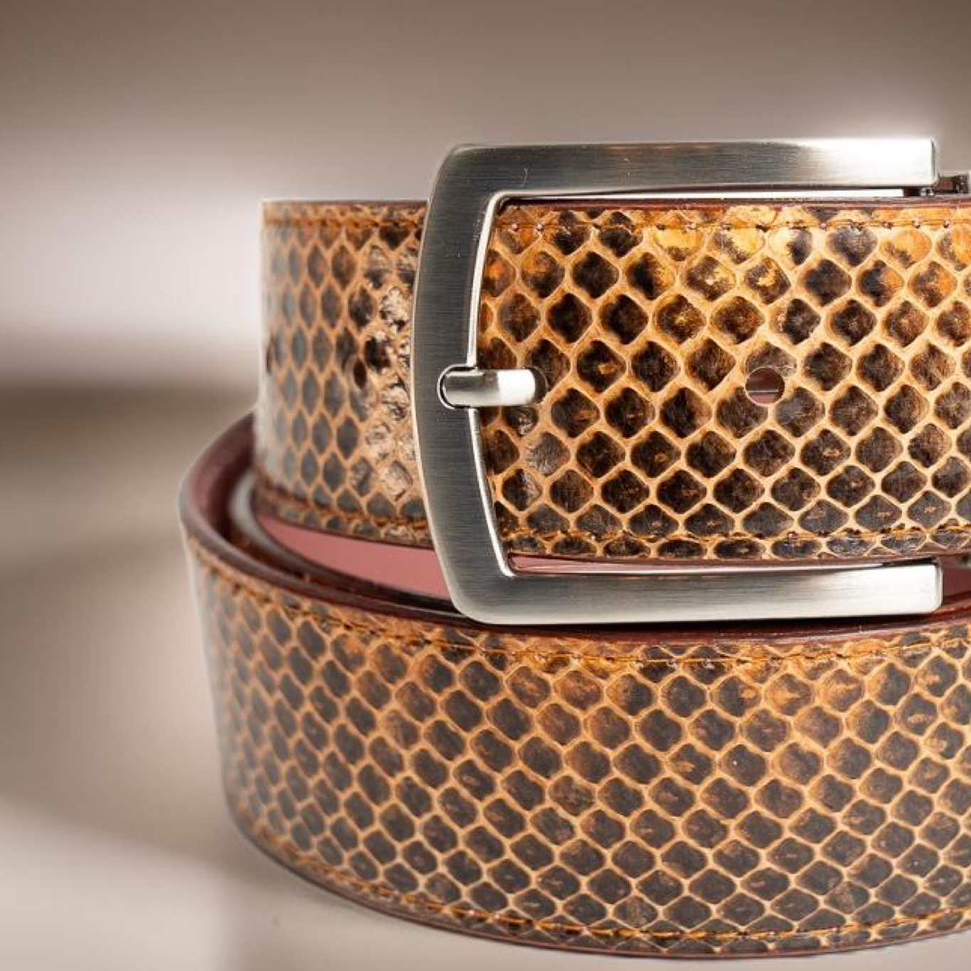 Dark Brown Snakeskin leather with Classic silver prong buckle