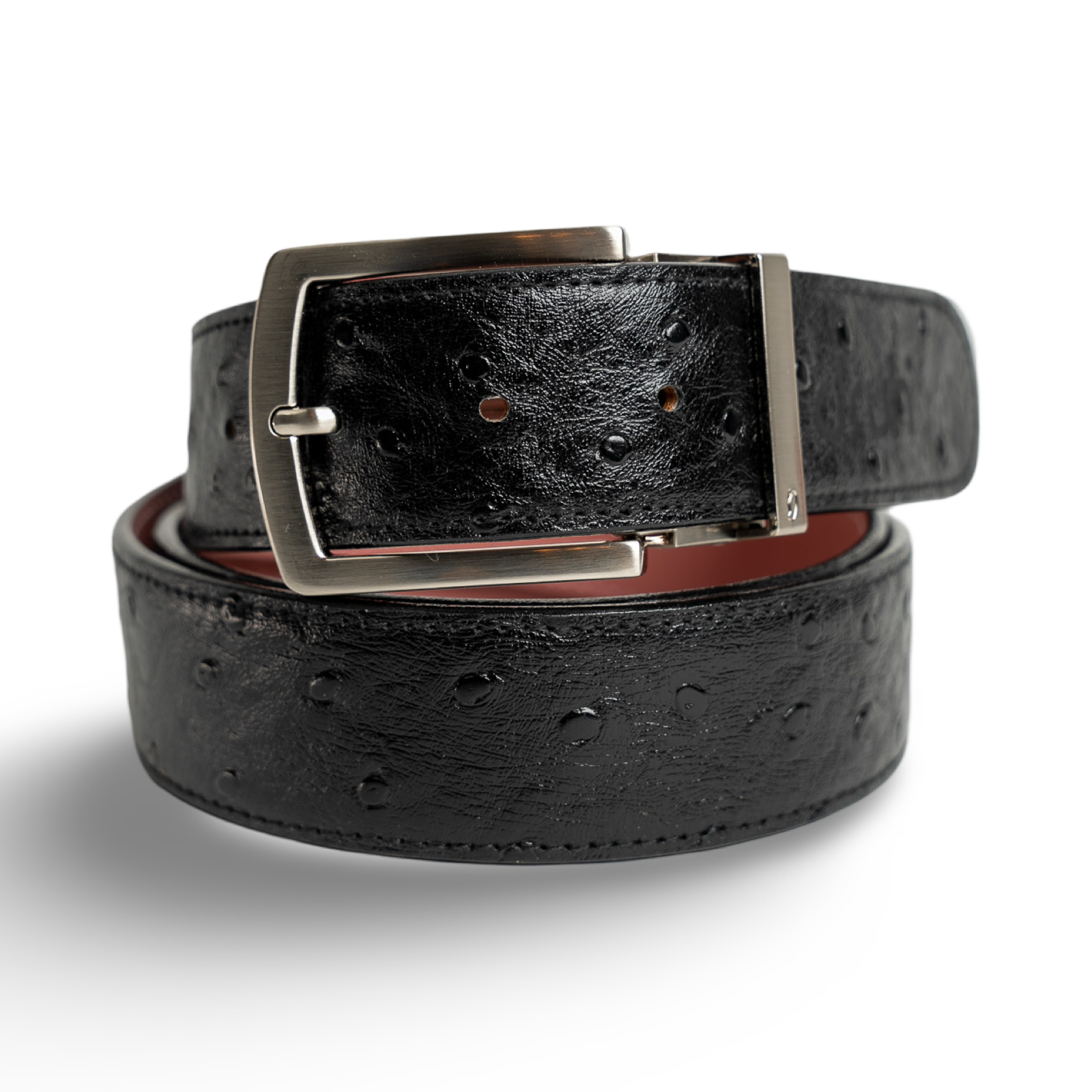 Black ostrich leather strap with Silver Prong Buckle