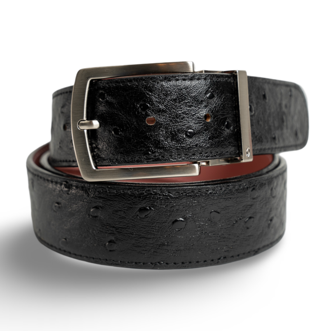 Black Ostrich Leather Strap with Silver Prong Buckle
