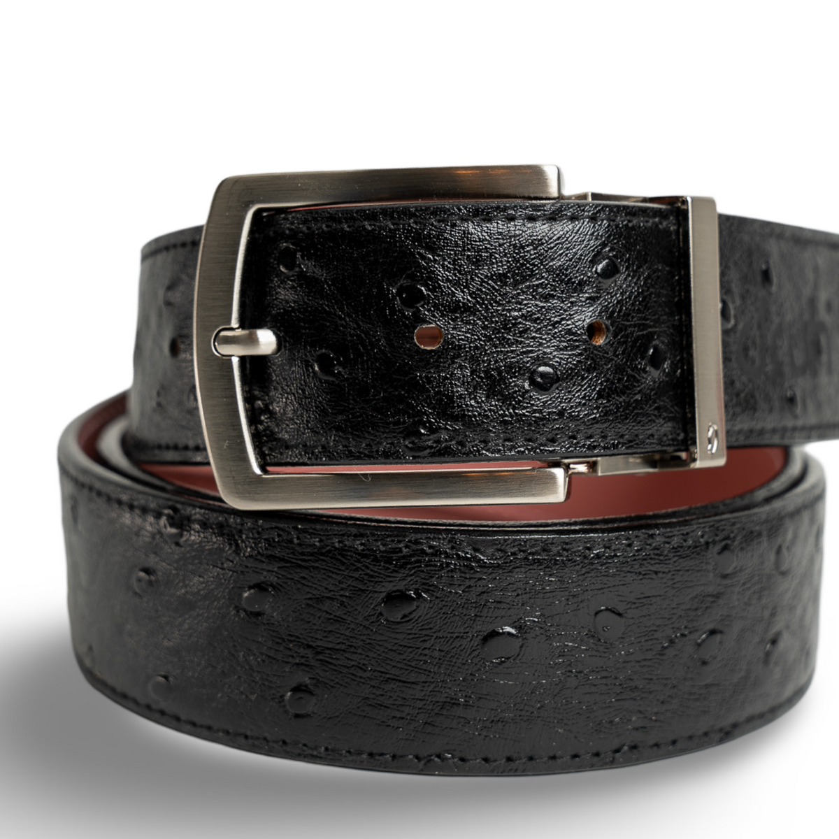 Black ostrich leather strap with Silver Prong Buckle