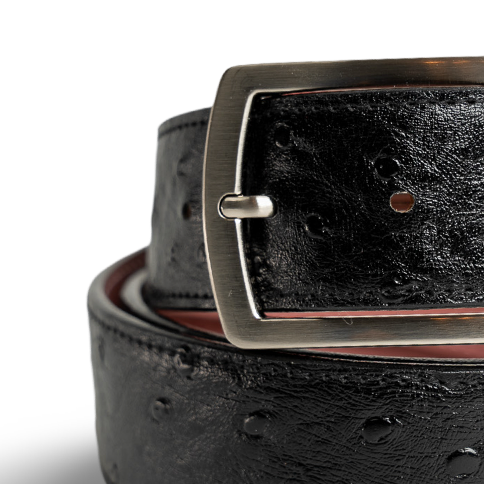 Black ostrich leather strap with Silver Prong Buckle