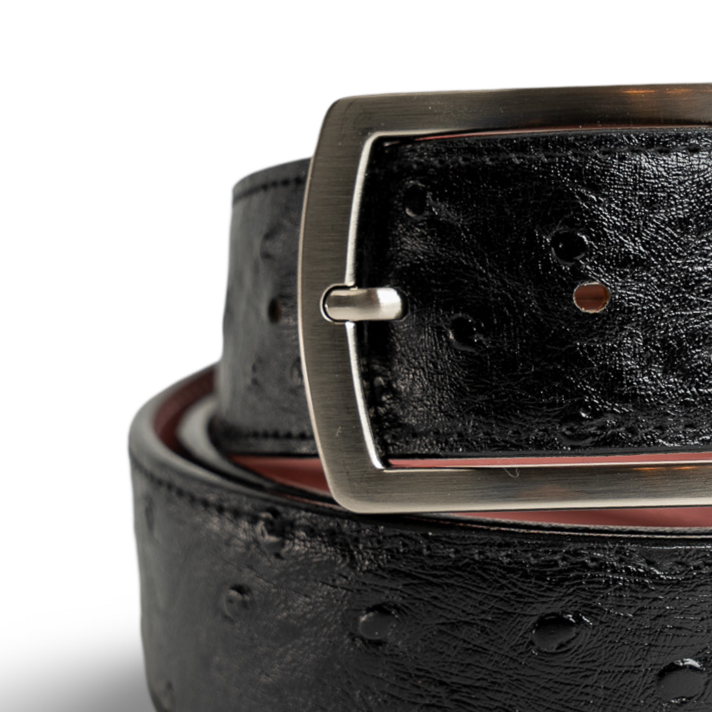 Black Ostrich Leather Strap with Silver Prong Buckle