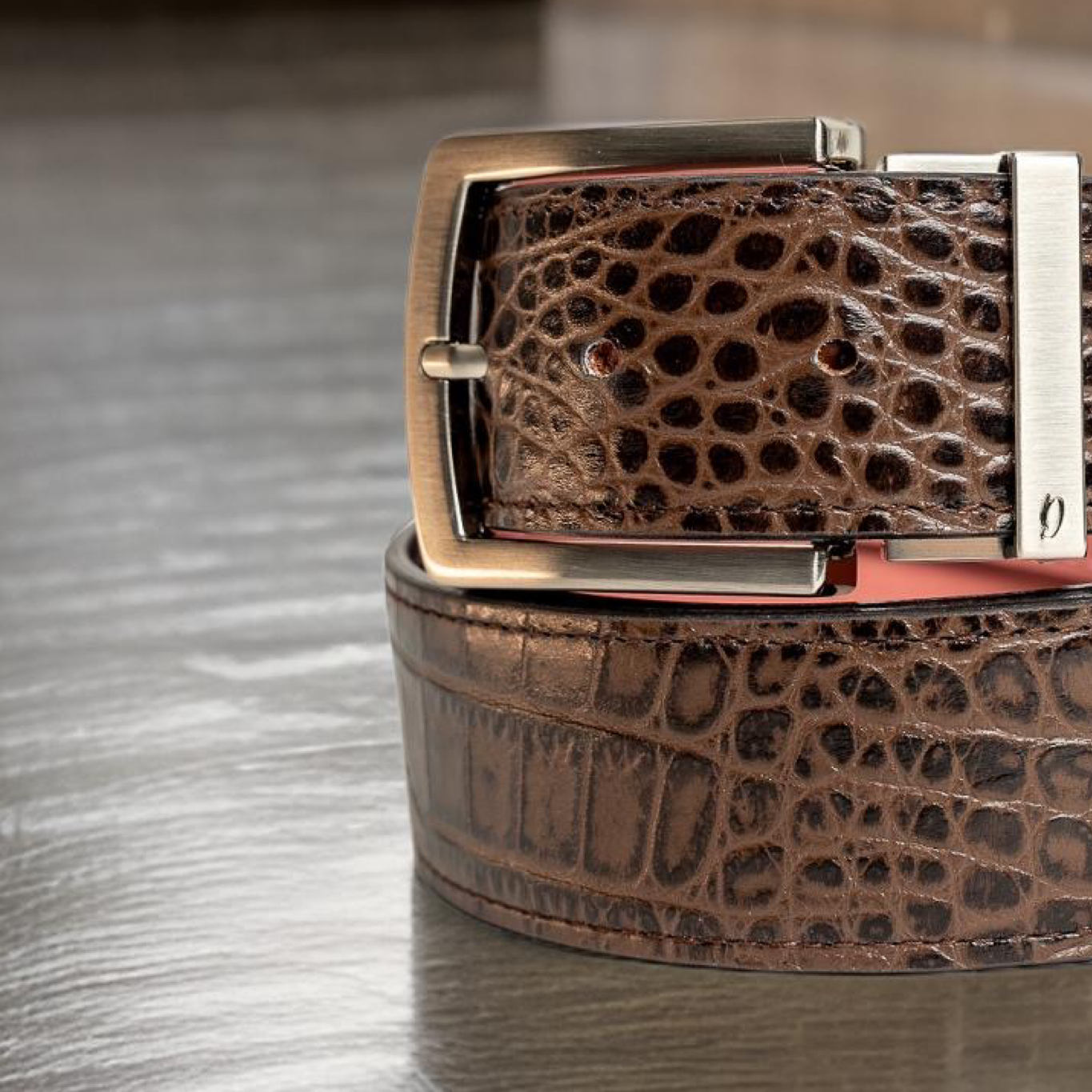 Brown crocodile leather strap with Silver prong buckle