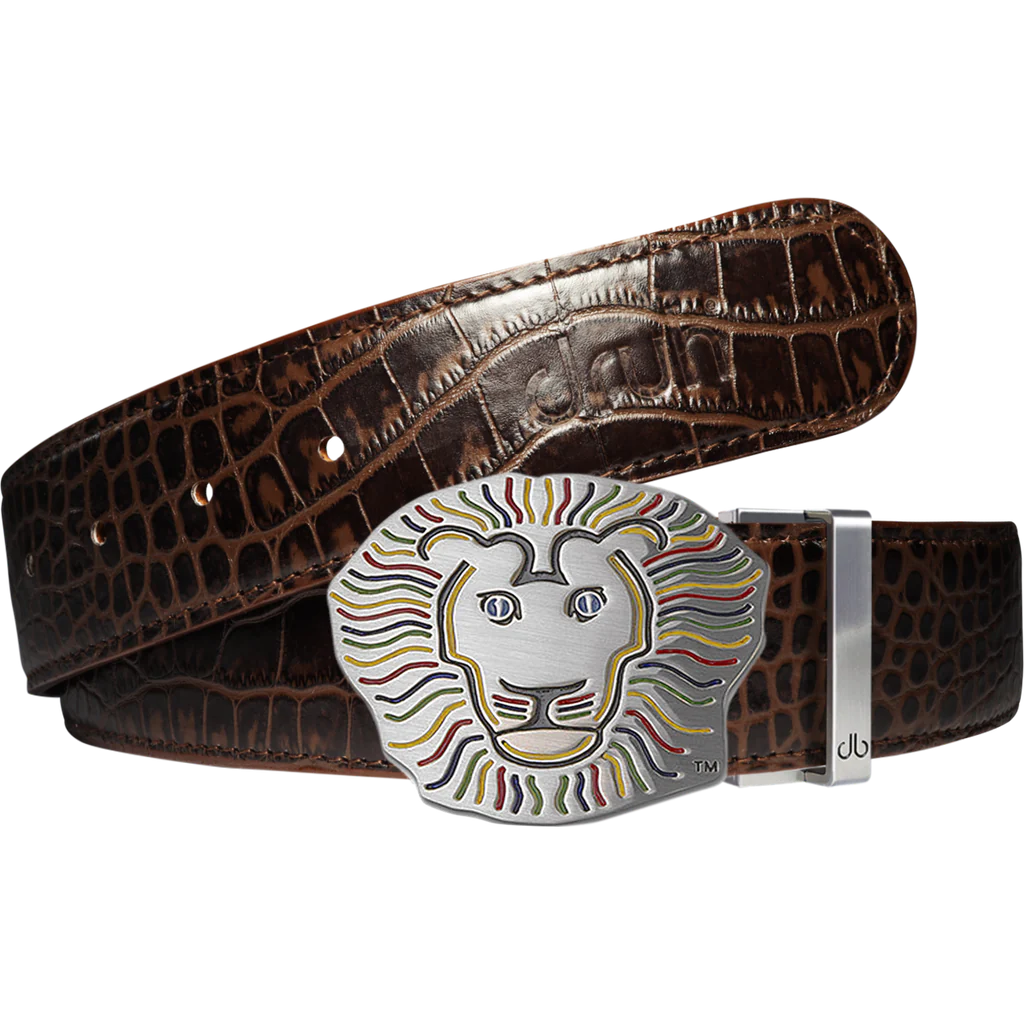 Dark Brown Crocodile Patterned Leather Belt with Lion Buckle
