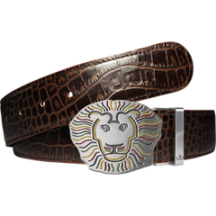 Dark Brown Crocodile Patterned Leather Belt with Lion Buckle
