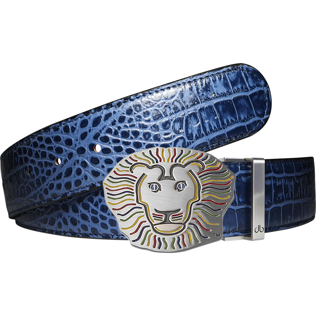 Blue Crocodile Patterned Leather Belt with Lion Buckle