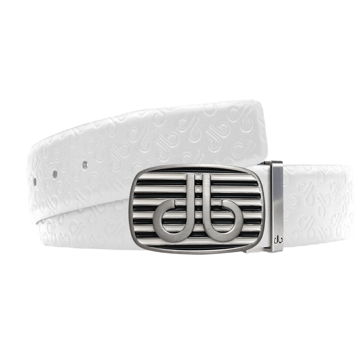 db Icon White Leather with Black and white stripped buckle