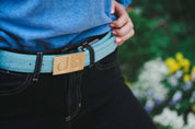 Aqua Crocodile / Gold Embossed Leather Belt | Gold Designer Buckle Druh Belts USA