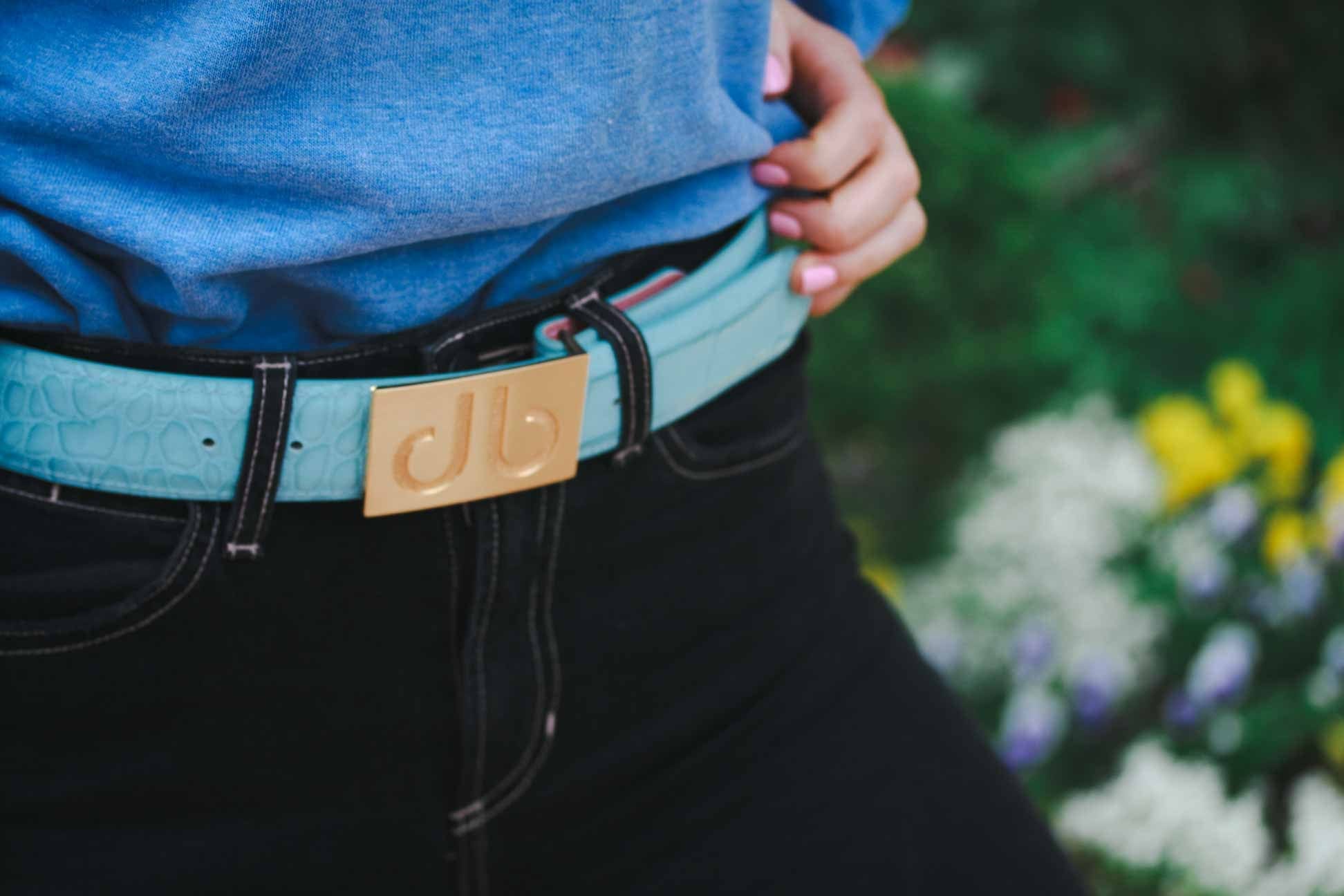 Aqua Crocodile / Gold Embossed Leather Belt | Gold Designer Buckle Druh Belts USA