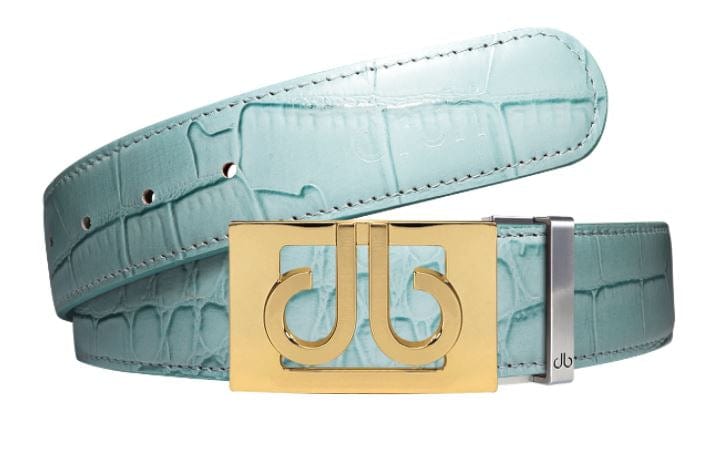 Aqua Crocodile / Gold See-Thru Leather Belt | Gold Designer Buckle Druh Belts USA