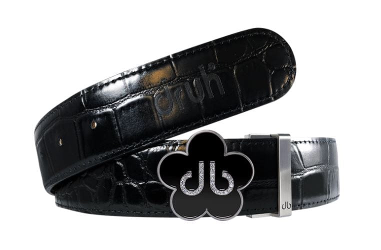 Black Crocodile / Black Leather Belt | Flower Buckle Druh Belts USA