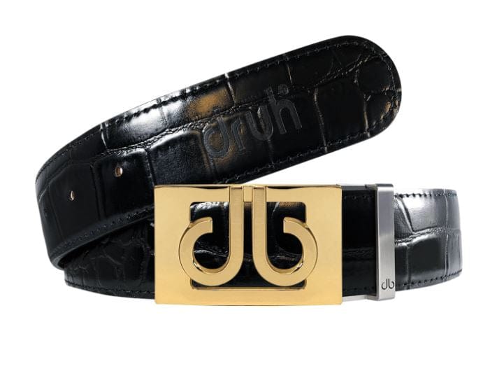 Black Crocodile / Gold See-Thru Leather Belt | Gold Designer Buckle Druh Belts USA