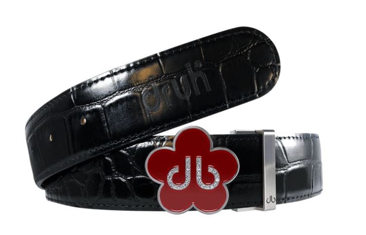 Black Crocodile / Red Leather Belt | Flower Buckle Druh Belts USA