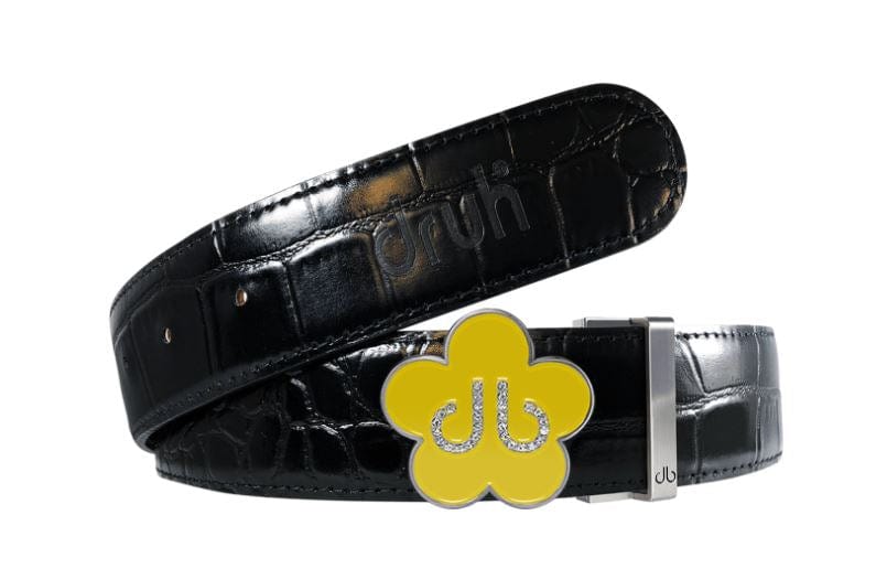 Black Crocodile / Yellow Leather Belt | Flower Buckle Druh Belts USA