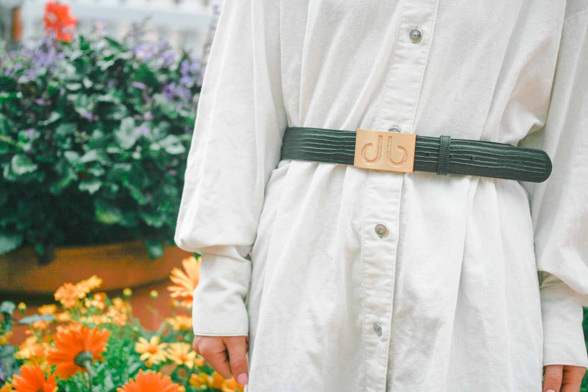 Black Lizard / Gold Embossed Leather Belt | Gold Designer Buckle Druh Belts USA