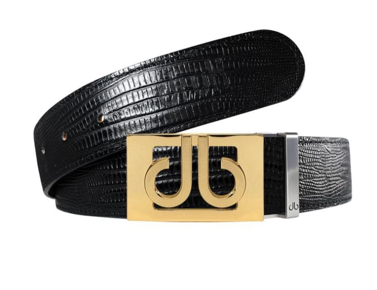 Black Lizard / Gold See-Thru Leather Belt | Gold Designer Buckle Druh Belts USA
