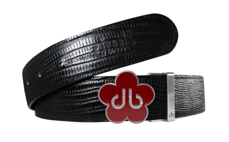 Black Lizard / Red Leather Belt | Flower Buckle Druh Belts USA