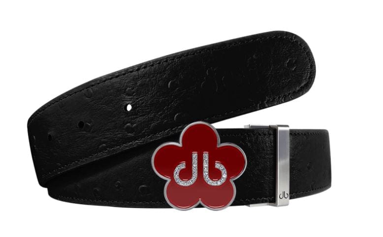 Black Ostrich / Red Leather Belt | Flower Buckle Druh Belts USA