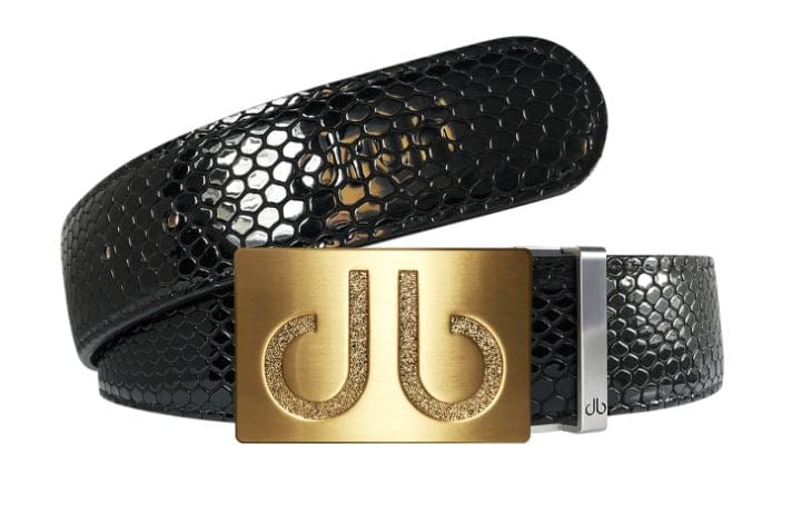 Black Snakeskin / Gold Embossed Leather Belt | Gold Designer Buckle Druh Belts USA
