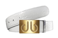 White Crocodile / Gold Embossed Leather Belt | Gold Designer Buckle Druh Belts USA