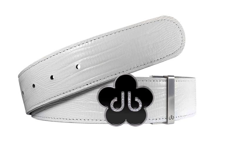 White Lizard / Black Leather Belt | Flower Buckle Druh Belts USA
