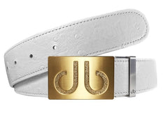 White Ostrich / Gold Embossed Leather Belt | Gold Designer Buckle Druh Belts USA