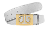 White Ostrich / Gold See-Thru Leather Belt | Gold Designer Buckle Druh Belts USA