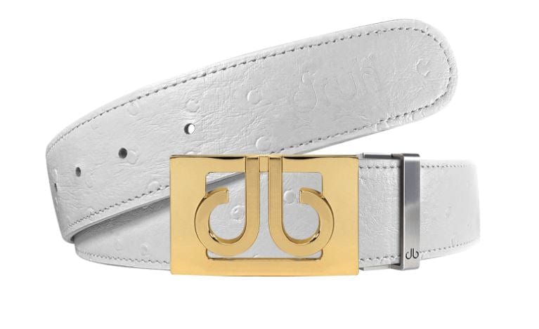 White Ostrich / Gold See-Thru Leather Belt | Gold Designer Buckle Druh Belts USA