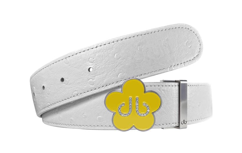 White Ostrich / Yellow Leather Belt | Flower Buckle Druh Belts USA