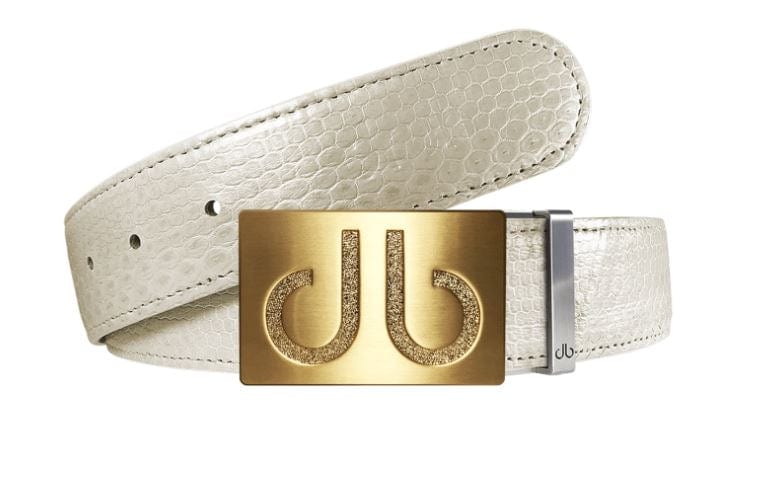 White Snakeskin / Gold Embossed Leather Belt | Gold Designer Buckle Druh Belts USA