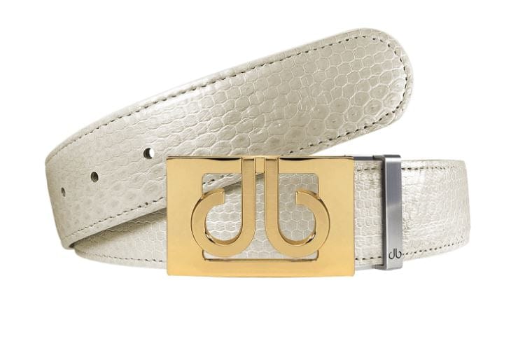 White Snakeskin / Gold See-Thru Leather Belt | Gold Designer Buckle Druh Belts USA