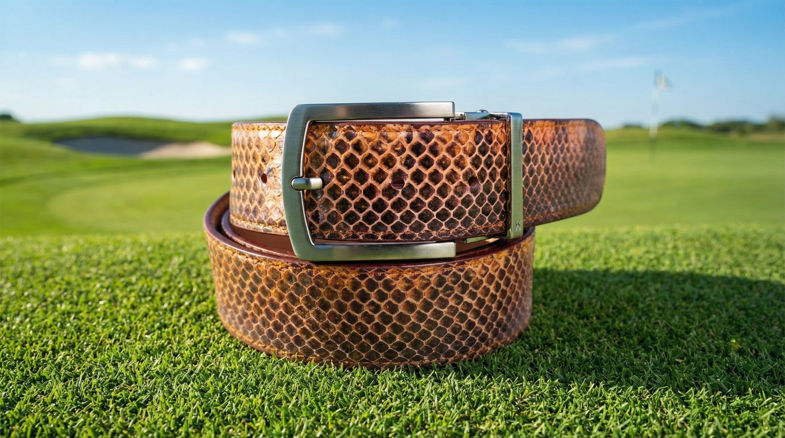 Snakeskin leather belt on golf course
